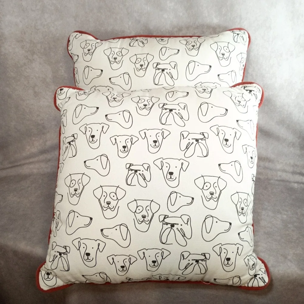 Dog Print Throw Pillow Black White Sketch Pattern with Red Trim 18x18 Home Decor